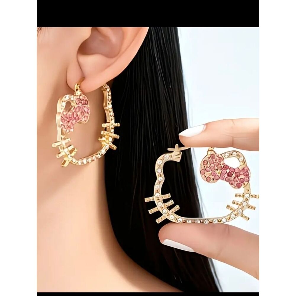 Gold Hello Kitty Rhinestone Hoop Earrings